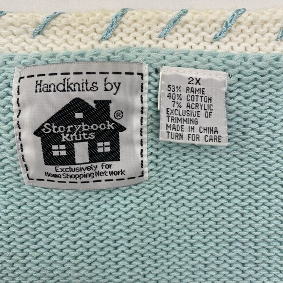 Storybook Knits Sweater Cardigan Womens 2X Blue Sunflower Bee Ramie Cottagecore - Picture 7 of 12